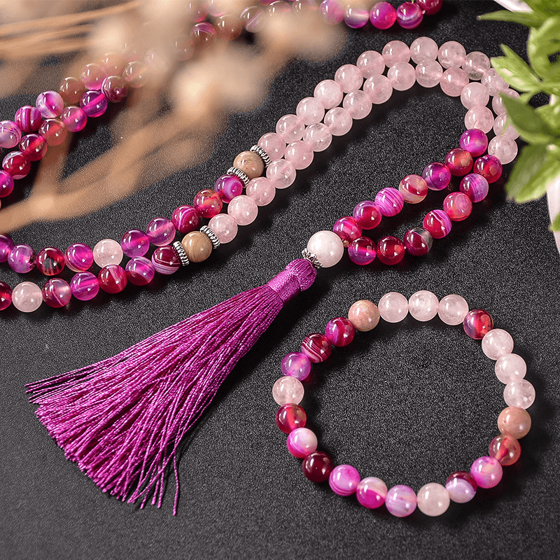 Japamala de 108 Contas de Ágata Rosa, Quatzo Rosa e Rodcrosita+ Pulseira Grátis